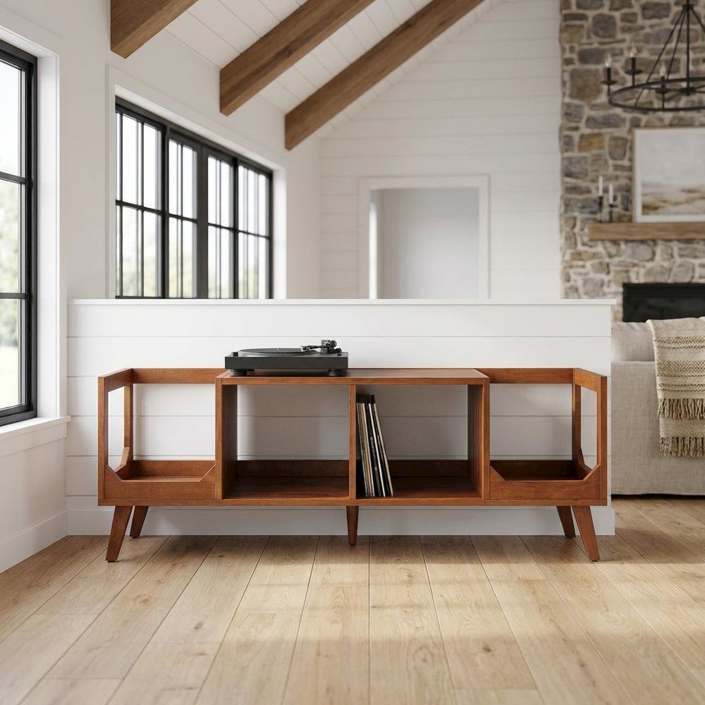 Black wood record player stand with vinyl storage and cable management. Picture 2