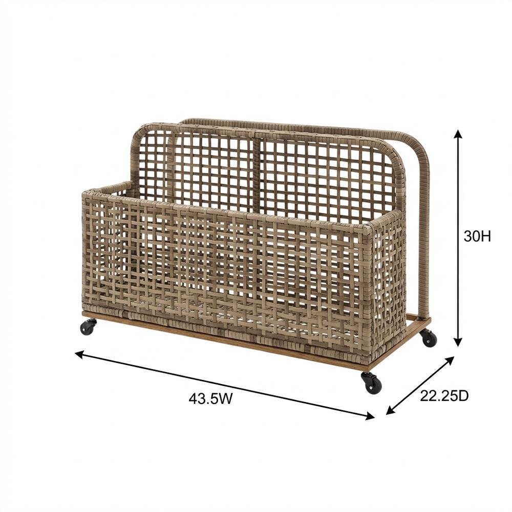 Distressed Gray Outdoor Pool Storage Caddy, Steel Wicker, 43 Inch Wide. Picture 7