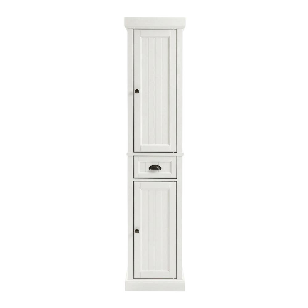 Tall linen cabinet in distressed white with anti-tip hardware. Picture 1