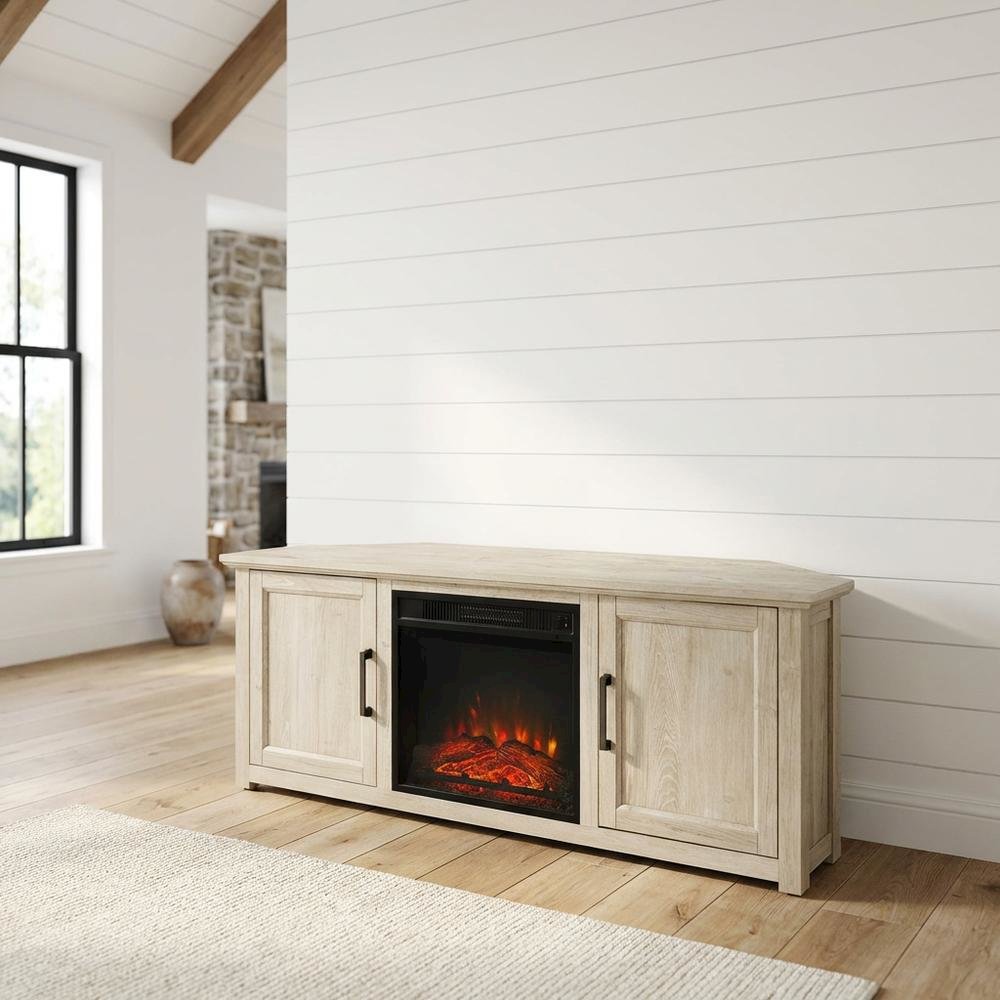 Black Corner Fireplace TV Stand for 65+ Inch Flat Screens with Ample Storage. Picture 3
