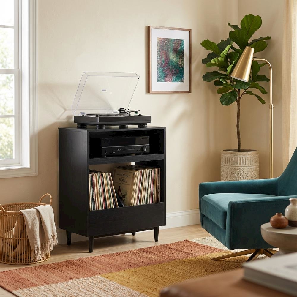 Wooden Record Player Stand with Vinyl Storage and Cable Management. Picture 3