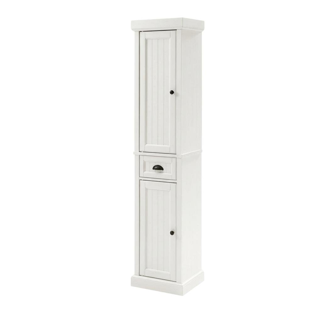 Tall linen cabinet in distressed white with anti-tip hardware. Picture 3