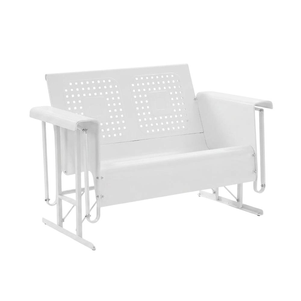 White loveseat glider with armrest and sturdy frame for outdoor patio relaxation. Picture 1