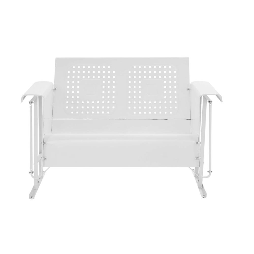 White loveseat glider with armrest and sturdy frame for outdoor patio relaxation. Picture 4