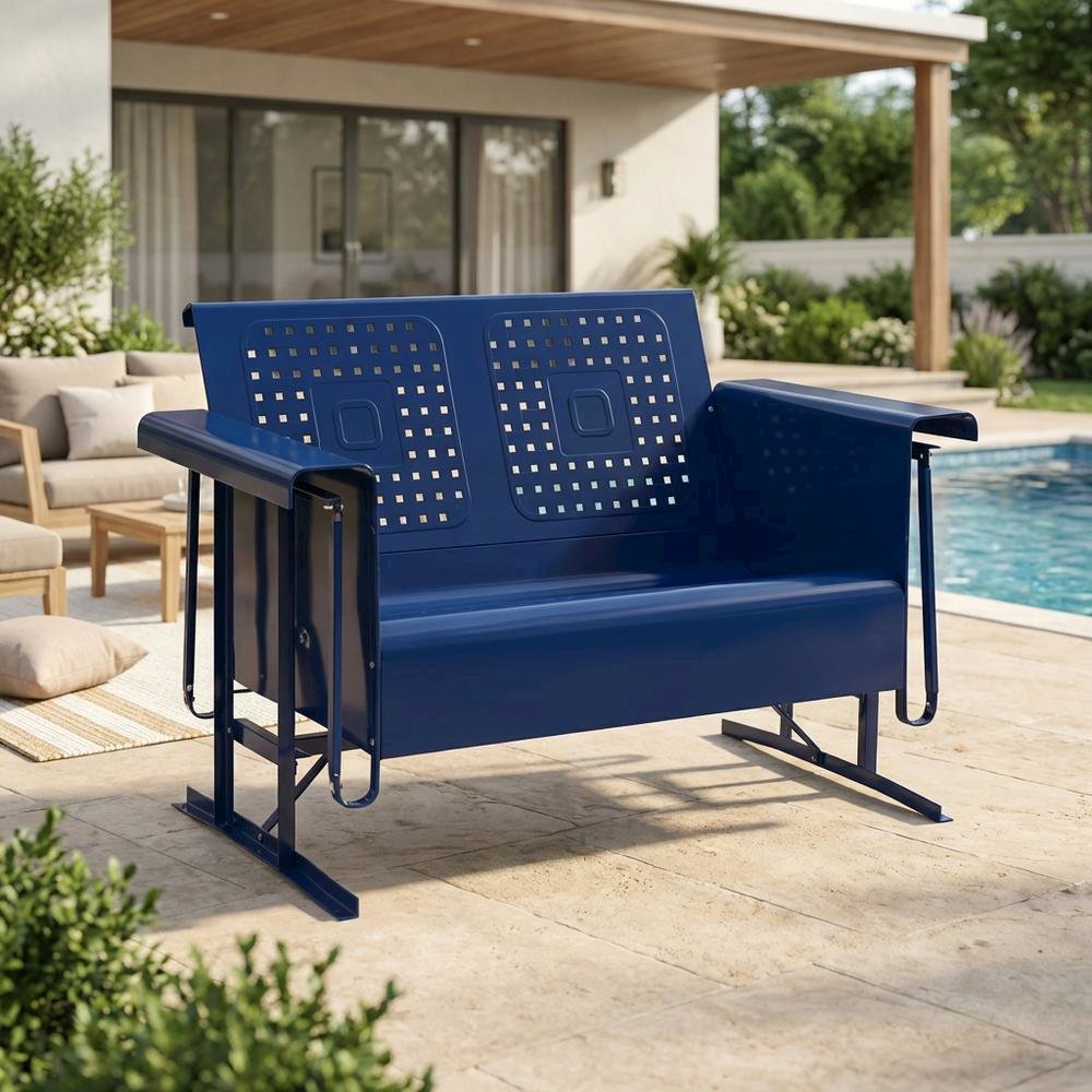 Navy Metal Patio Glider Bench – Outdoor Seating for Two with Retro Charm. Picture 2
