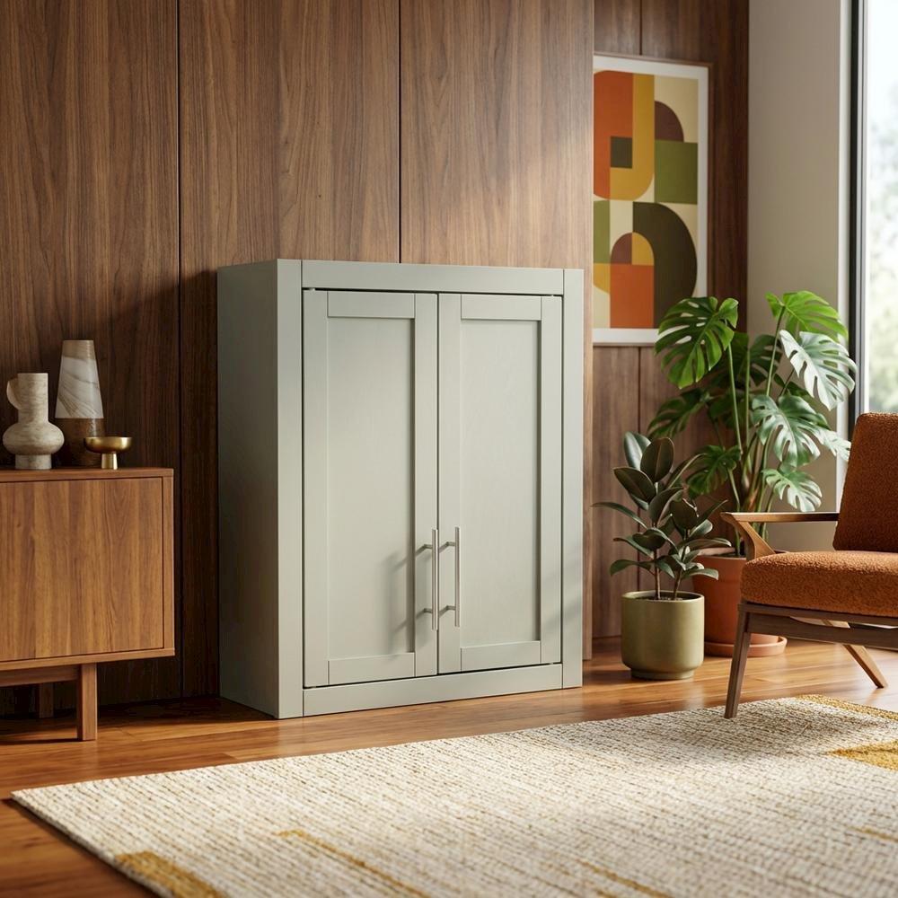 Gray Wall-Mount Storage Cabinet, MDF Birch Veneer, 22 Inch Wide. Picture 3