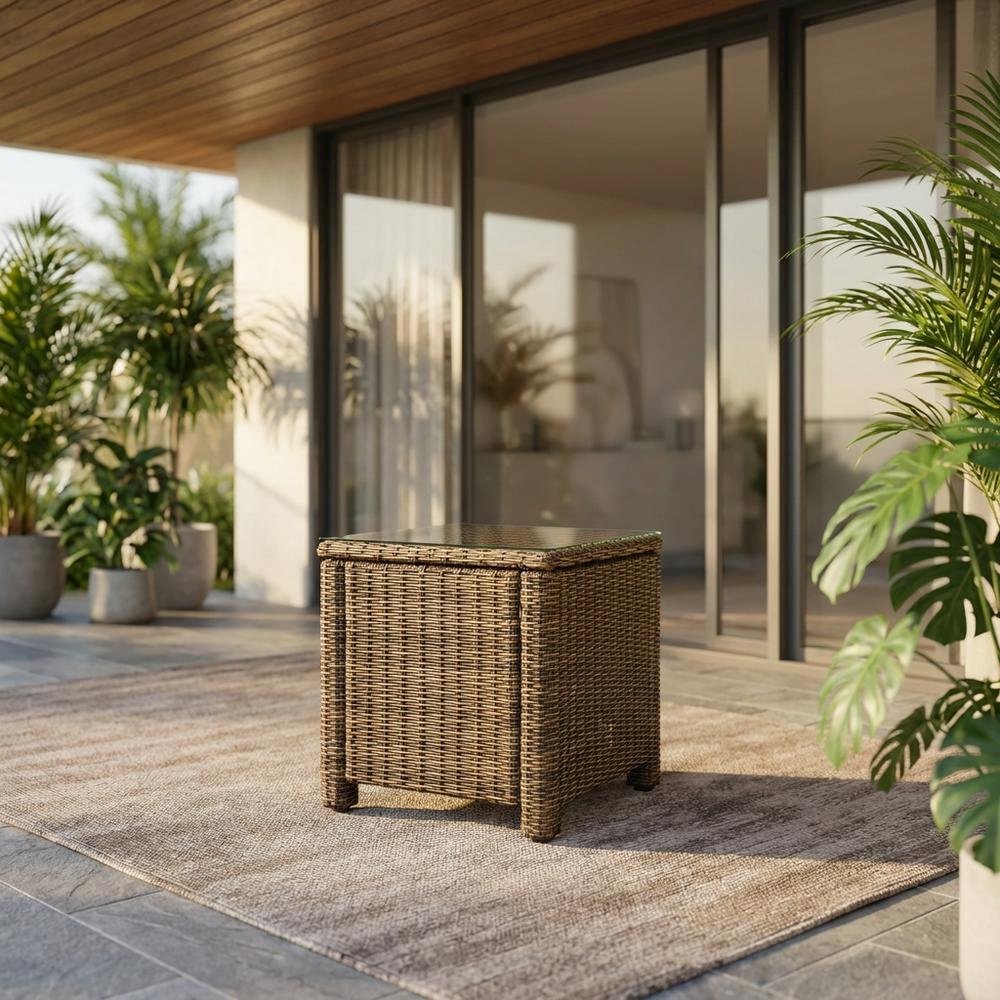 Weathered Brown Outdoor Wicker Rectangular Side Table for Patio Use. Picture 2