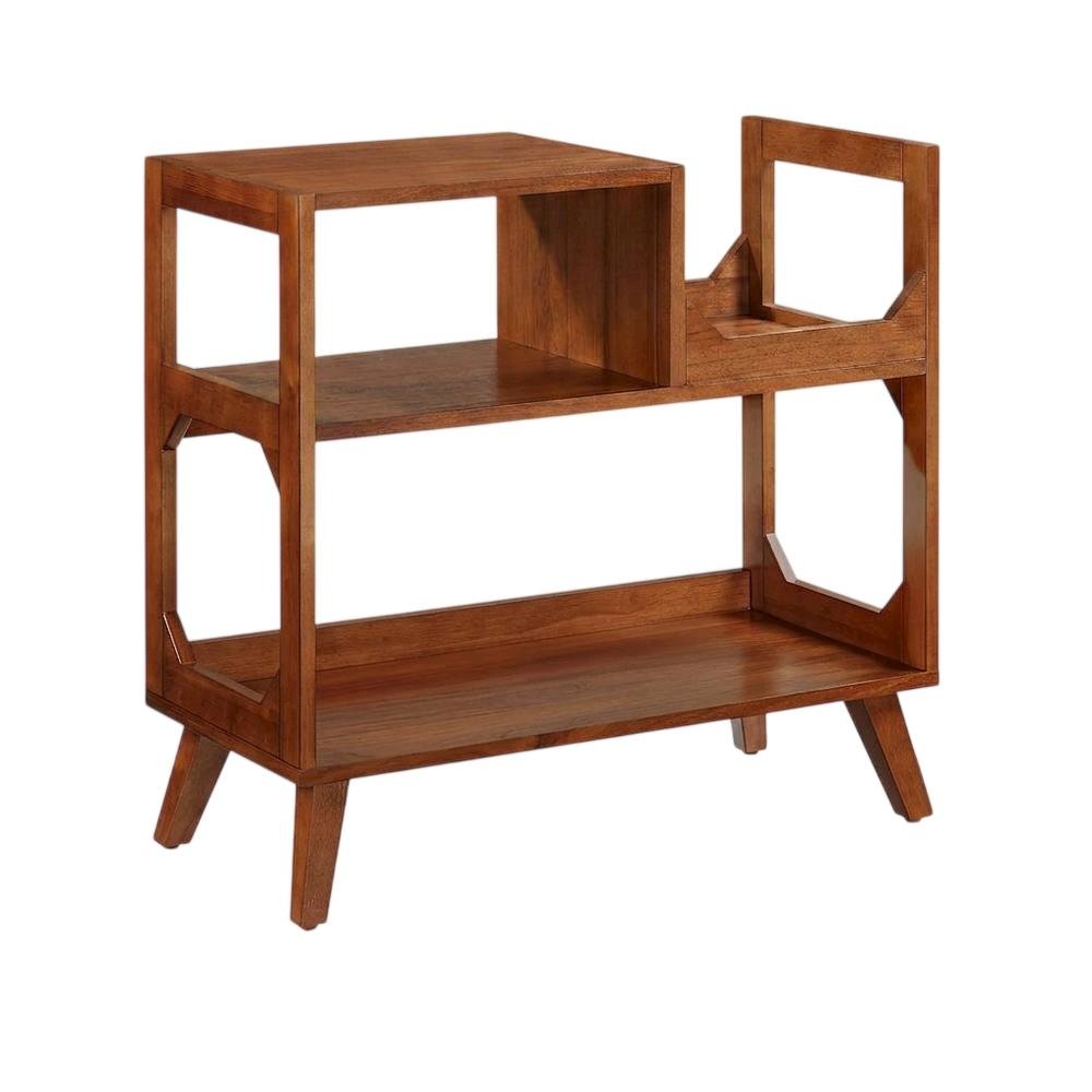 Brown Walnut Record Player Stand, Rubberwood Veneer Vinyl Storage. Picture 1