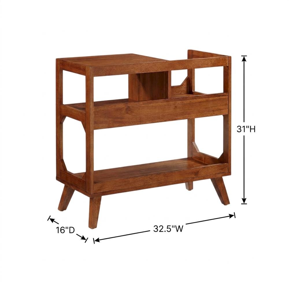 Brown Walnut Record Player Stand, Rubberwood Veneer Vinyl Storage. Picture 7