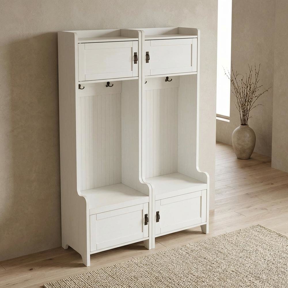 White entryway set with 2 hall trees for organized hallway storage. Picture 2
