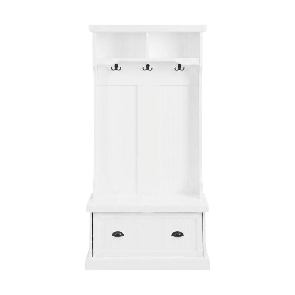 Wood hall tree with storage bench and coat hooks for entryway. Picture 1