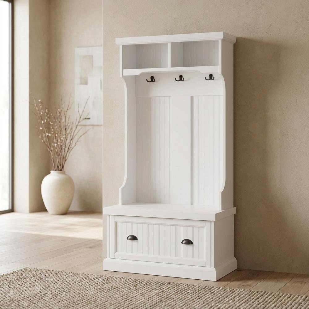 Wood hall tree with storage bench and coat hooks for entryway. Picture 2