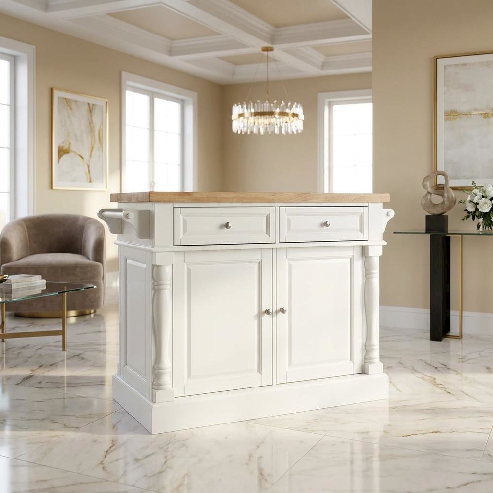 White kitchen island with butcher block top and anti-tip safety feature. Picture 2