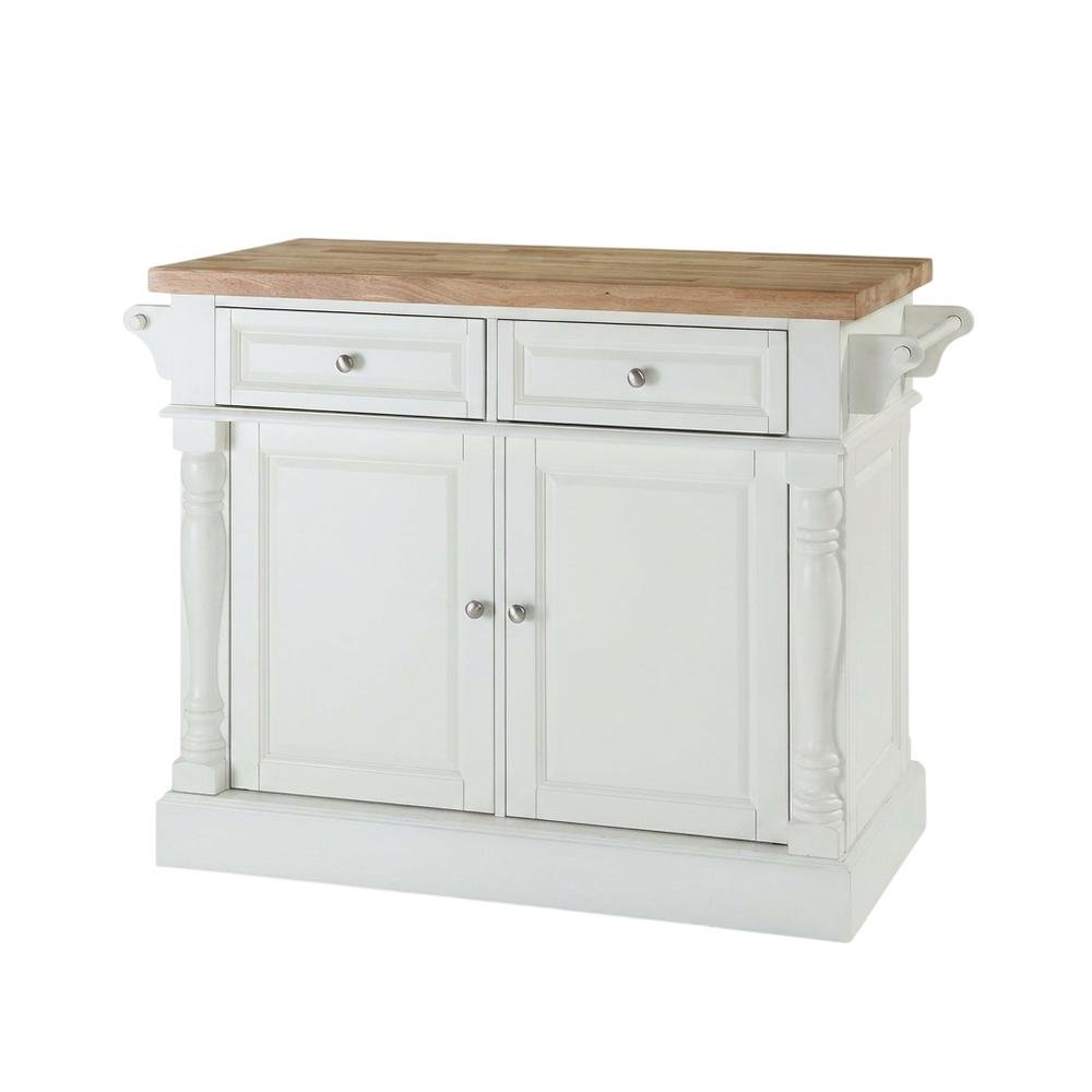 White kitchen island with butcher block top and anti-tip safety feature. Picture 1
