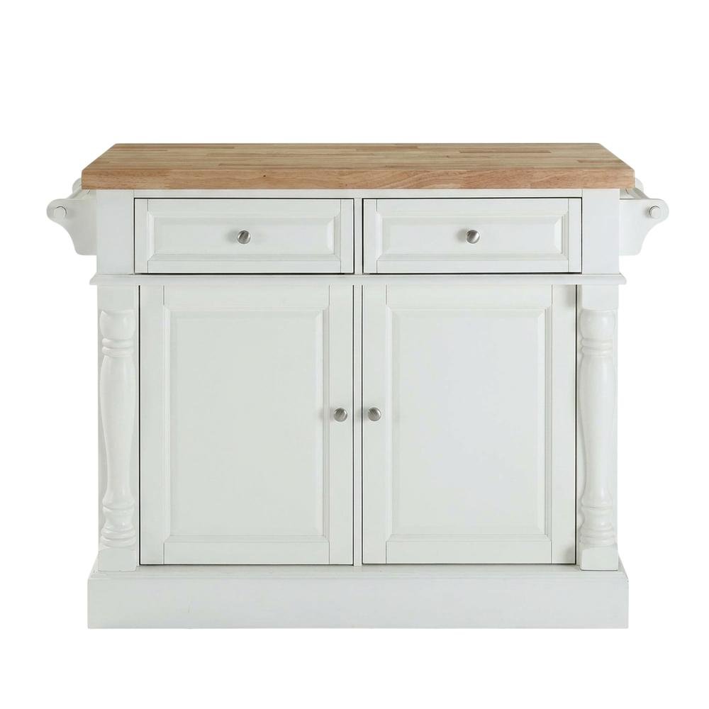 White kitchen island with butcher block top and anti-tip safety feature. Picture 5
