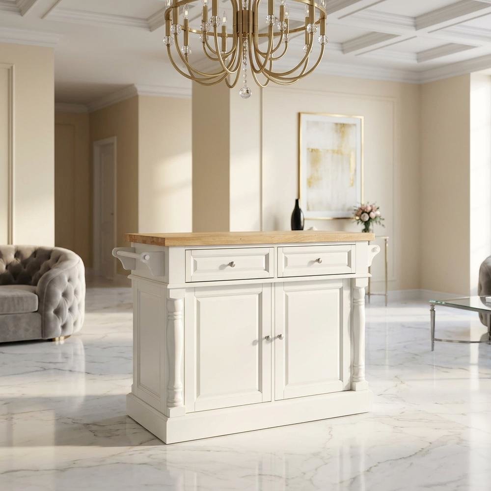 White kitchen island with butcher block top and anti-tip safety feature. Picture 4