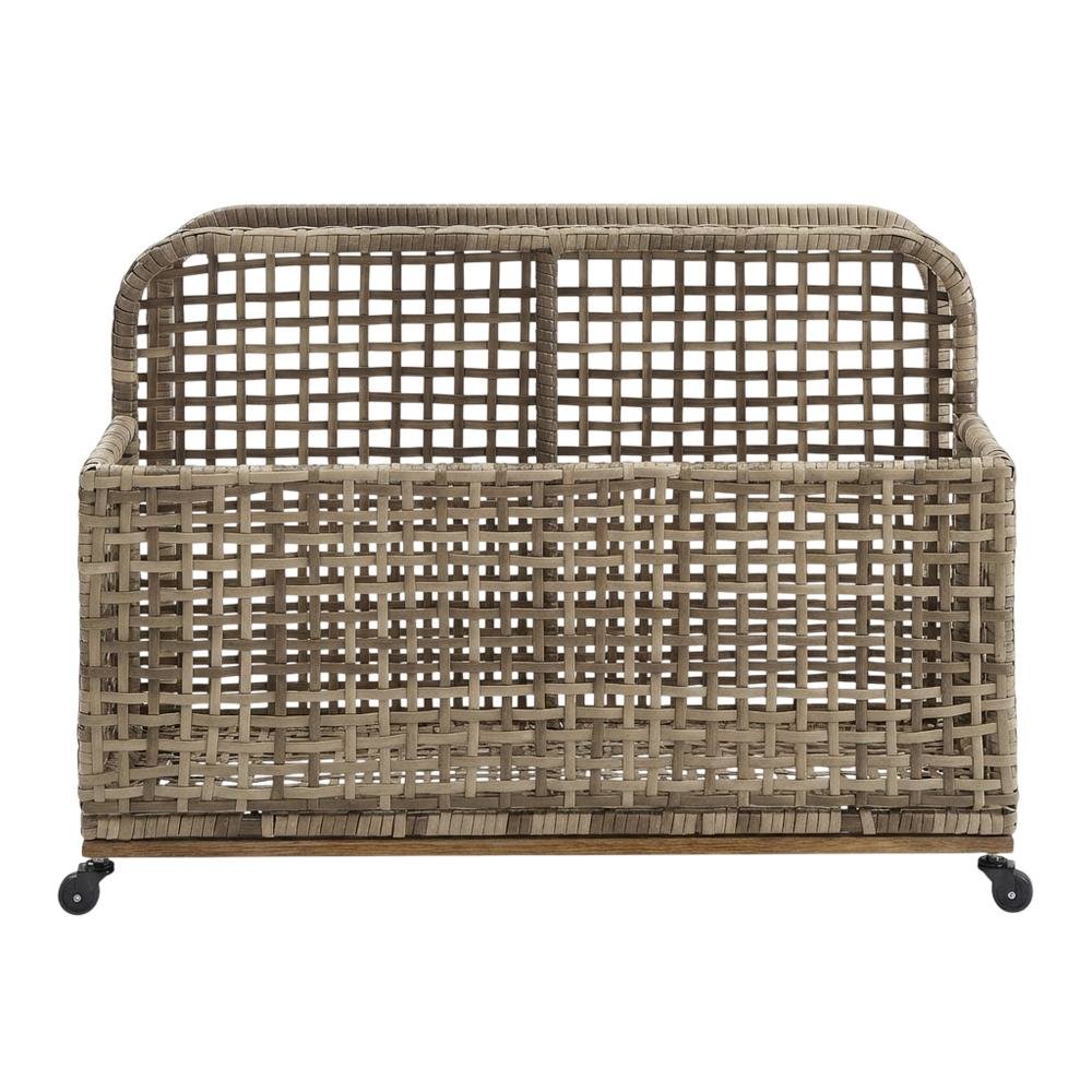 Distressed Gray Outdoor Pool Storage Caddy, Steel Wicker, 43 Inch Wide. Picture 4