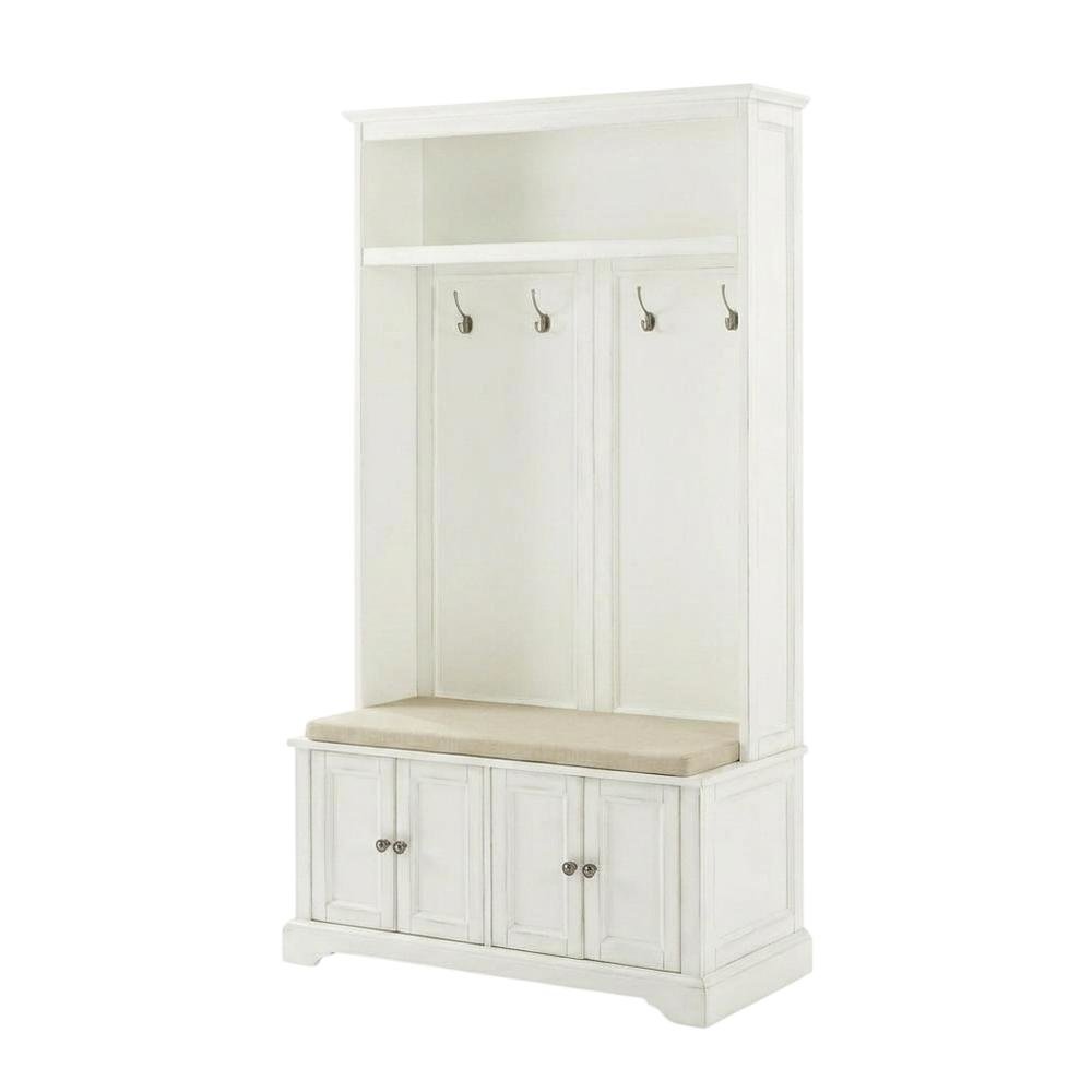 White Hall Tree, MDF Particle Board, Coat Hooks, Wide Entryway Organizer. Picture 1