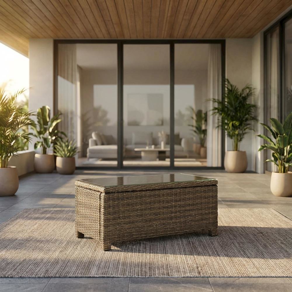 Weathered Brown Wicker Coffee Table for Outdoor Living Spaces. Picture 2