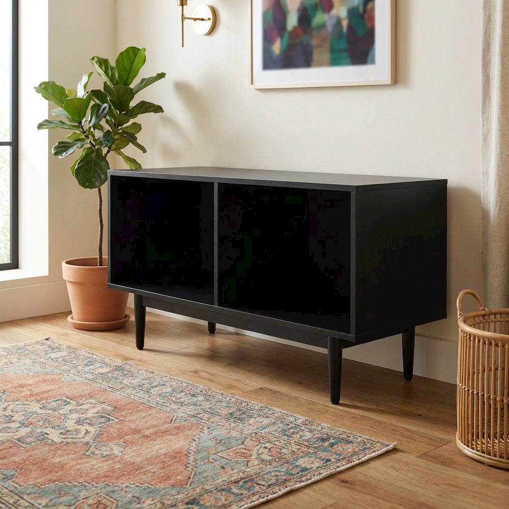 Black Record Player Stand with Vinyl Storage Shelves. Picture 2