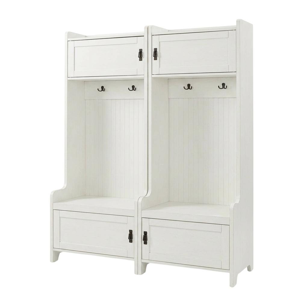 White entryway set with 2 hall trees for organized hallway storage. Picture 1