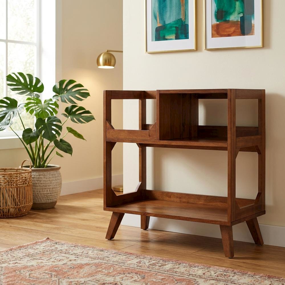 Brown Walnut Record Player Stand, Rubberwood Veneer Vinyl Storage. Picture 2