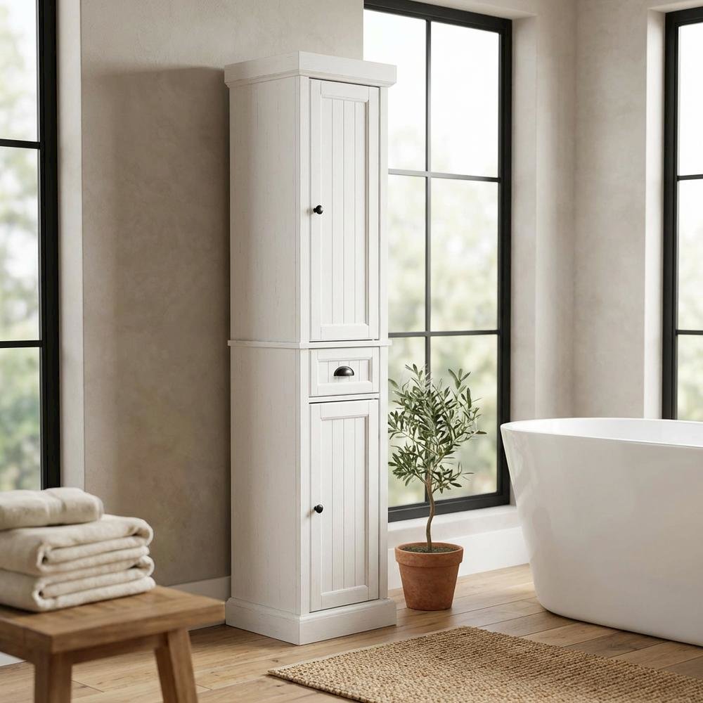 Tall linen cabinet in distressed white with anti-tip hardware. Picture 4