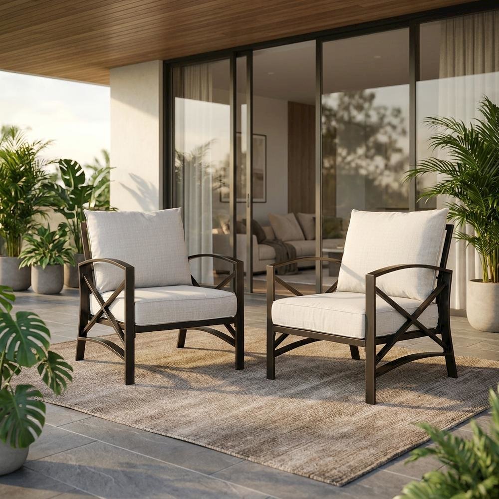 Oatmeal Outdoor Chair Set with Bronze Finish – 2 Weather-Resistant Seats. Picture 2