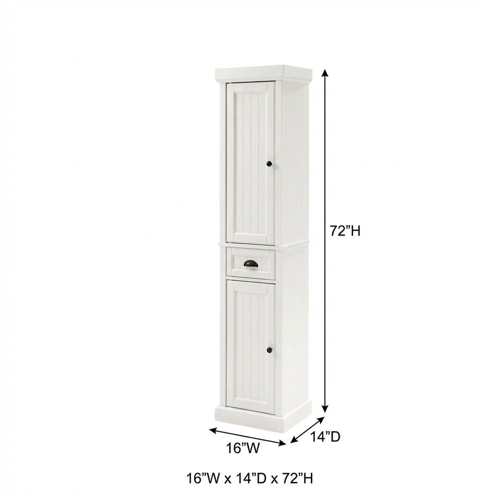 Tall linen cabinet in distressed white with anti-tip hardware. Picture 5