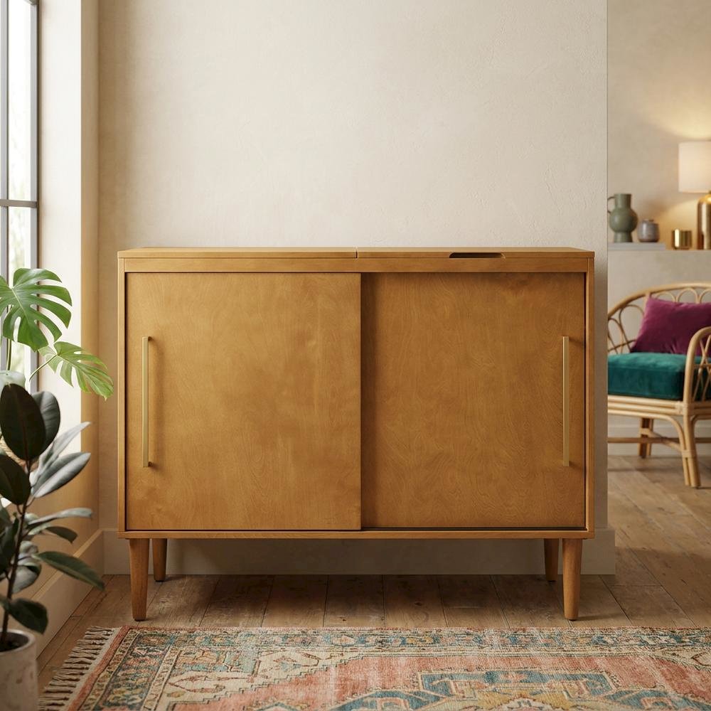 Brown Large Record Player Cabinet, MDF Rubberwood Vinyl Console. Picture 2