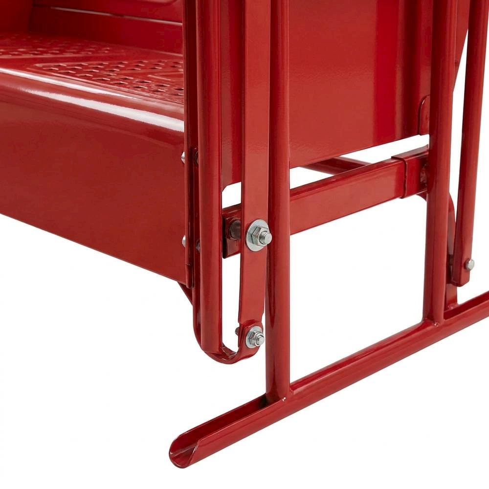 Red outdoor loveseat glider with anti-tip mechanism and comfortable seating. Picture 6