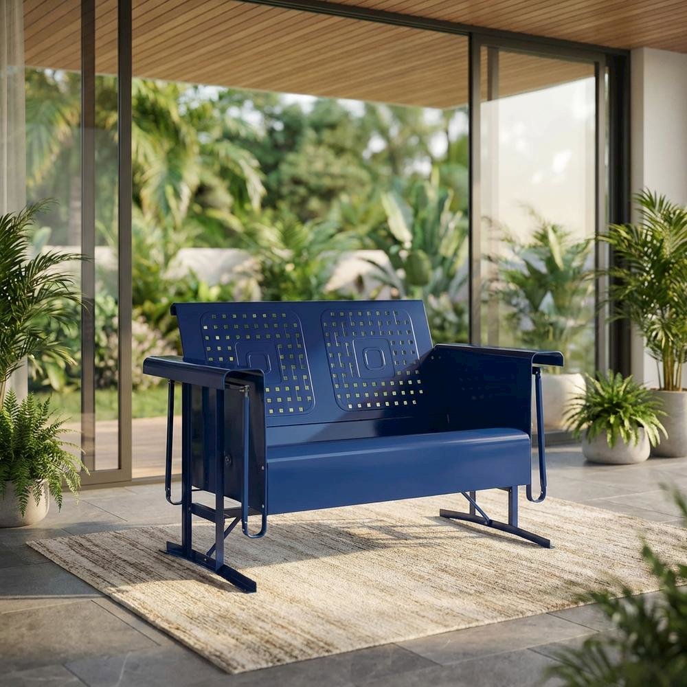 Navy Metal Patio Glider Bench – Outdoor Seating for Two with Retro Charm. Picture 3