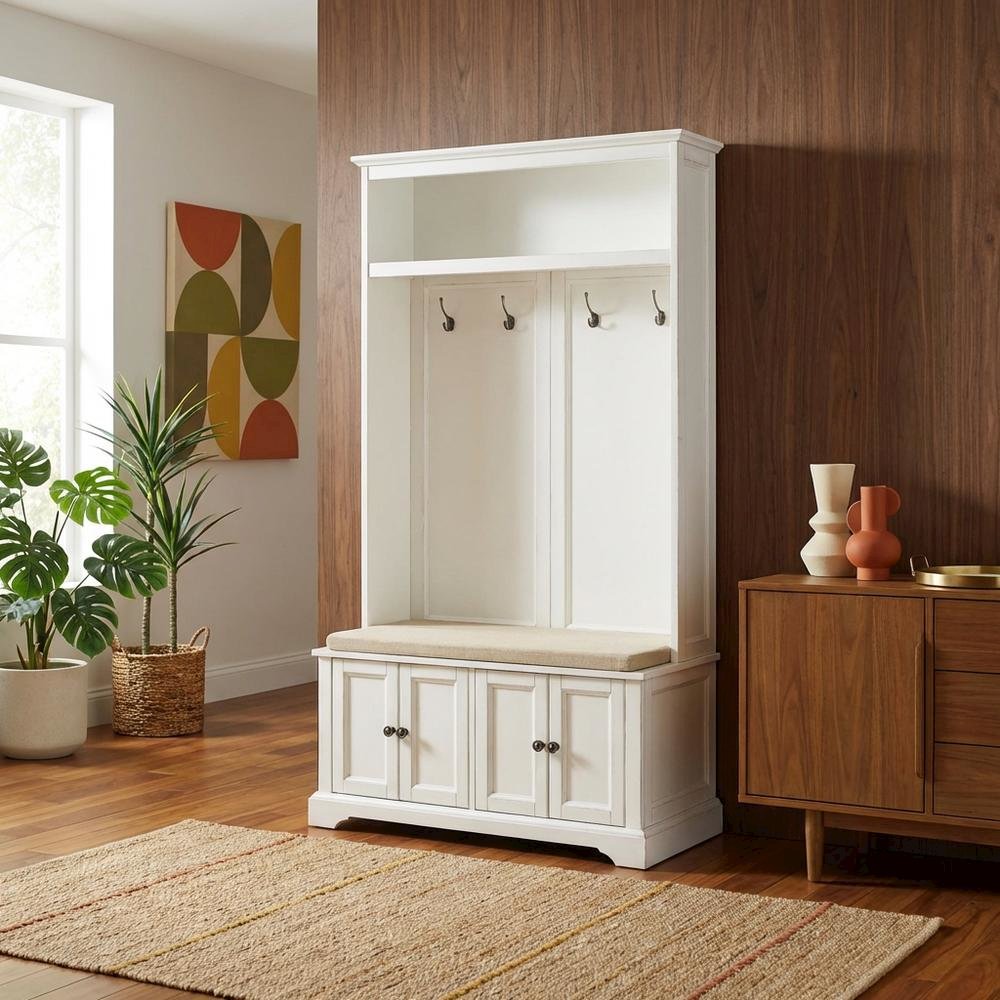 White Hall Tree, MDF Particle Board, Coat Hooks, Wide Entryway Organizer. Picture 3