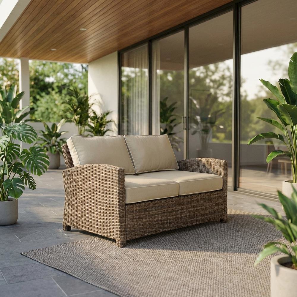 Outdoor Wicker Loveseat in Sand/Weathered Brown with Weather-Resistant Material. Picture 2