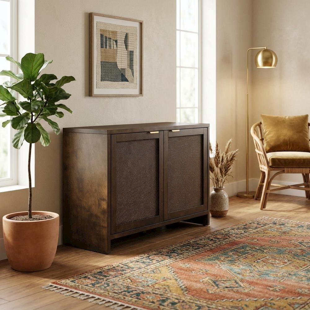 Brown Record Player Cabinet with Wicker Accents, Vinyl Storage. Picture 2