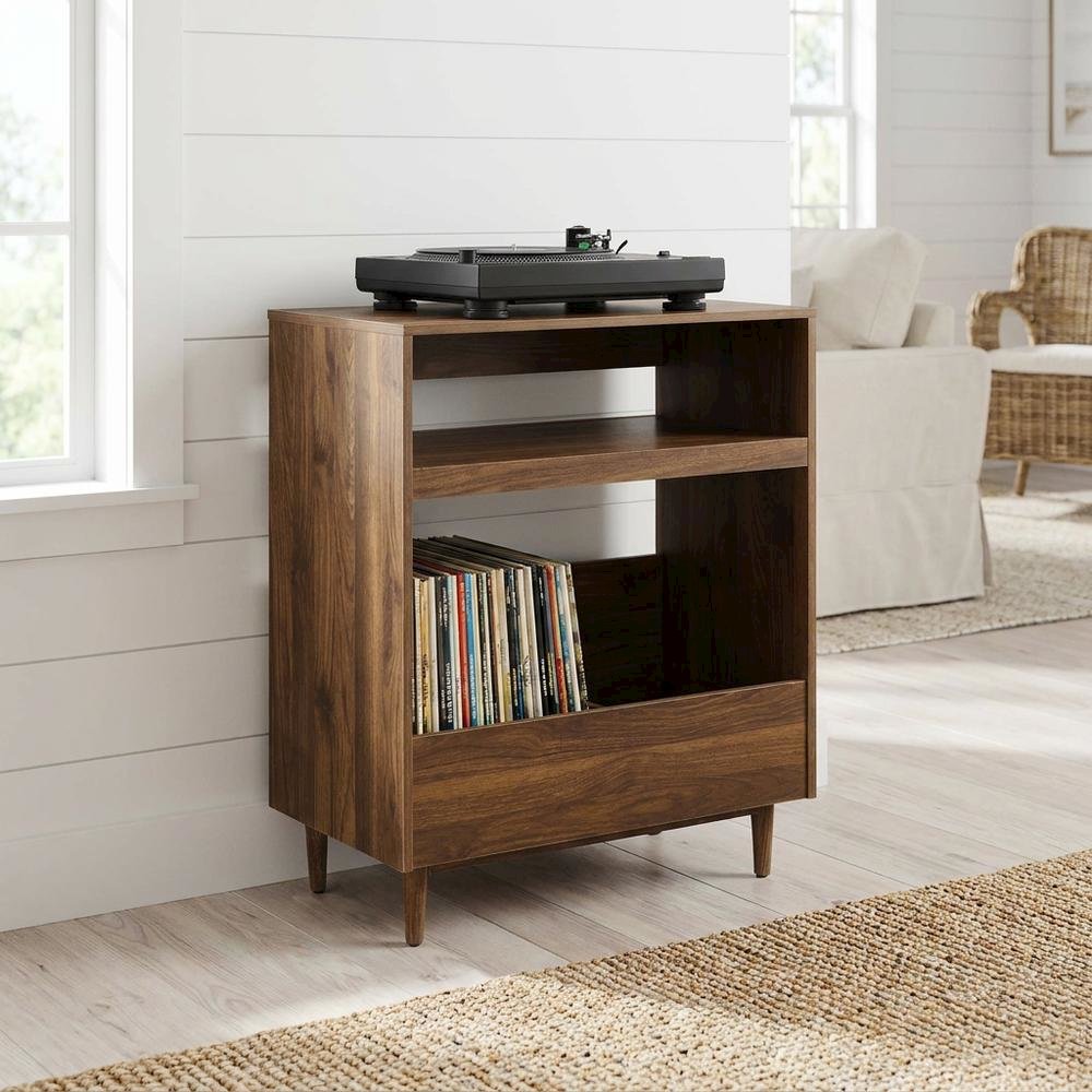 Wooden record player stand with vinyl storage, compact design for living rooms. Picture 2