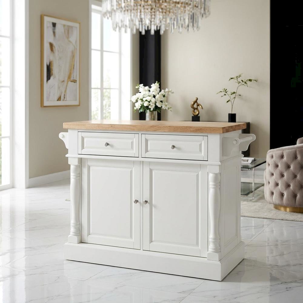White kitchen island with butcher block top and anti-tip safety feature. Picture 3