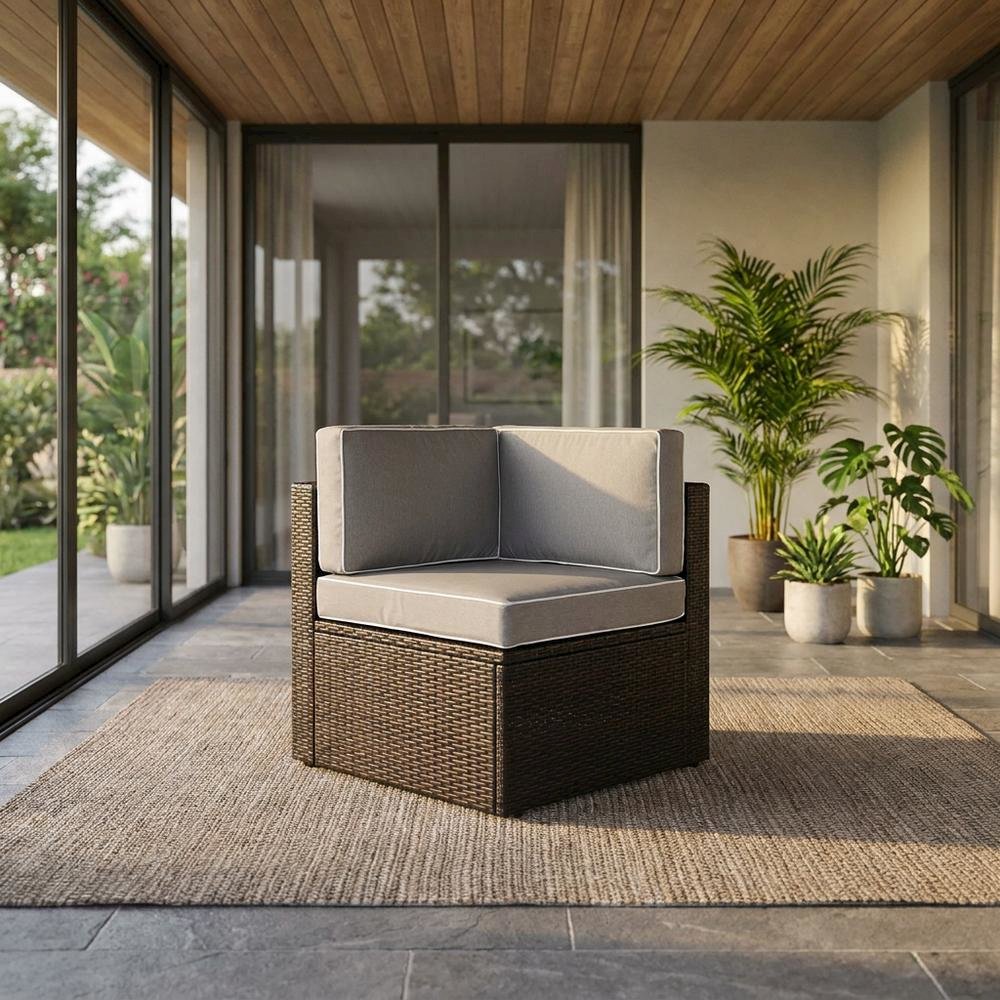 Gray Wicker Corner Chair for Outdoor Living with Durable Frame. Picture 3
