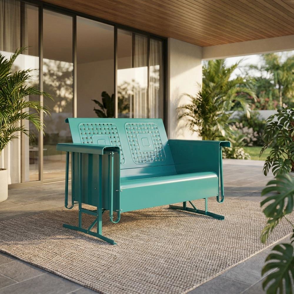 Turquoise Outdoor Loveseat Glider with Anti-Tip Hardware and Durable Frame. Picture 3