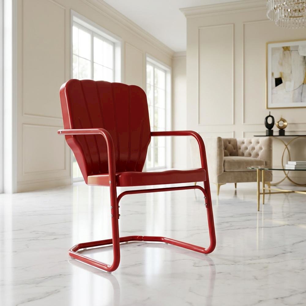 Red outdoor chair set with sturdy build and comfortable seating. Picture 2