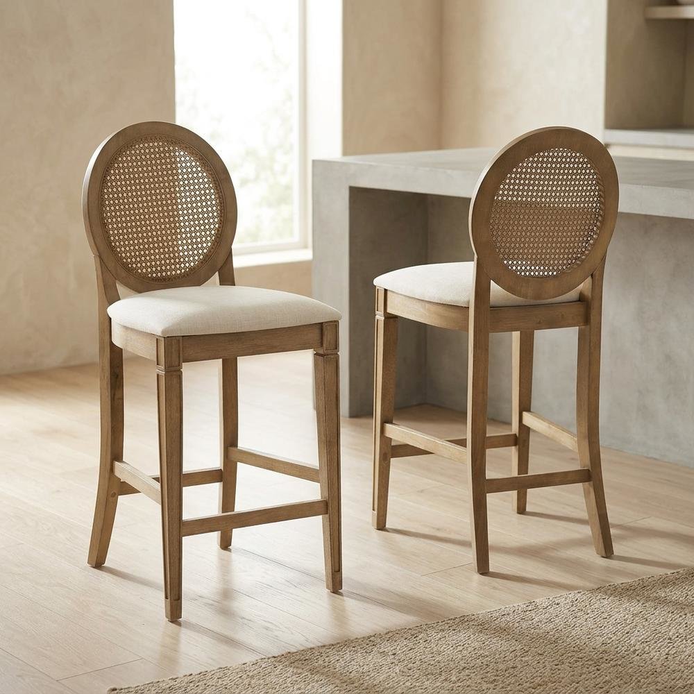 Cane-Back Counter Stool Set with Stylish Design and Durable Frame. Picture 2