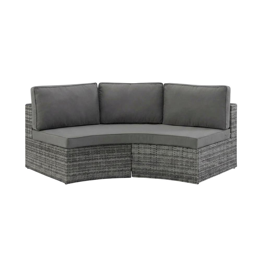 Gray Outdoor Wicker Round Sectional Sofa with Cushions and Sturdy Frame. Picture 4