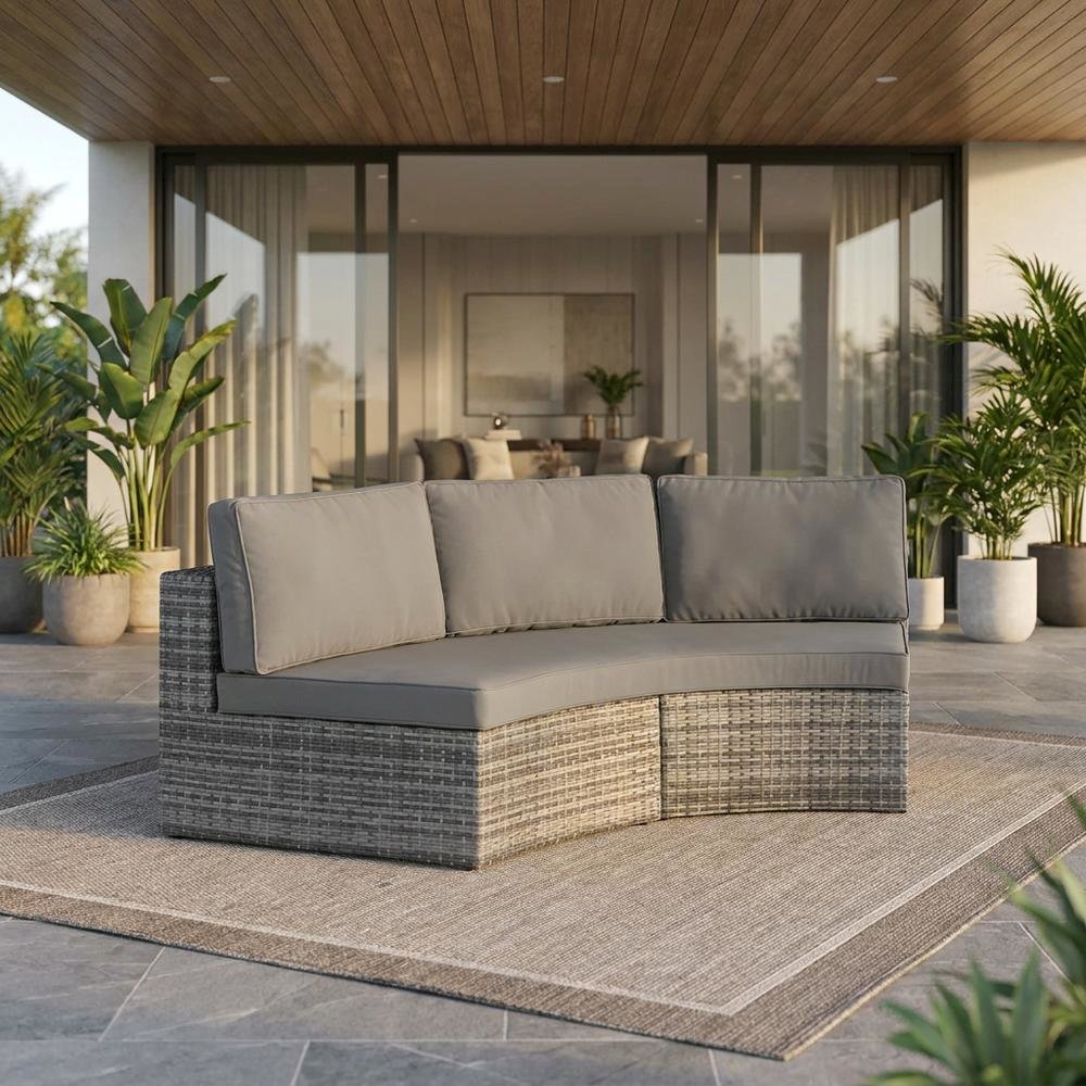 Gray Outdoor Wicker Round Sectional Sofa with Cushions and Sturdy Frame. Picture 3