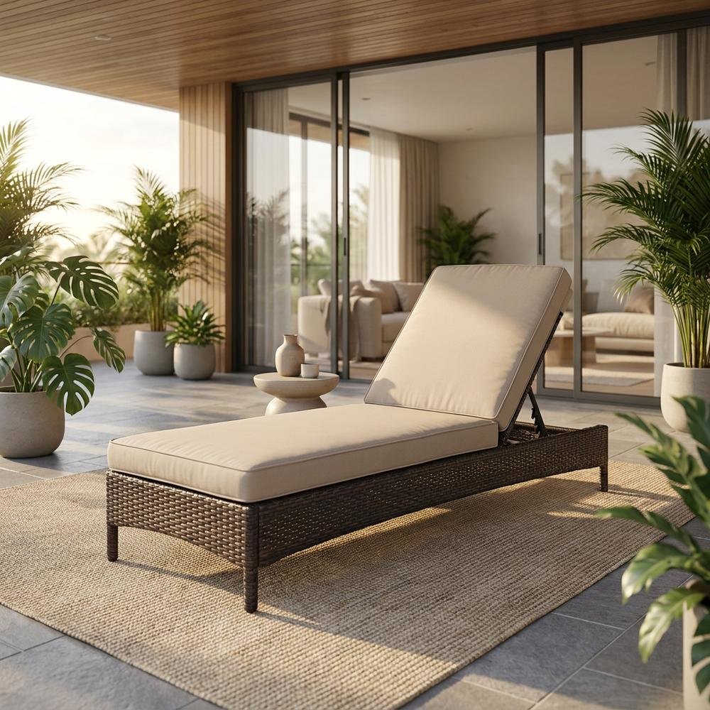 Outdoor Wicker Chaise Lounge Sand and Brown with Cushioned Seat for Relaxation. Picture 3