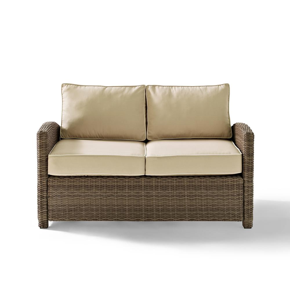 Outdoor Wicker Loveseat in Sand/Weathered Brown with Weather-Resistant Material. Picture 3