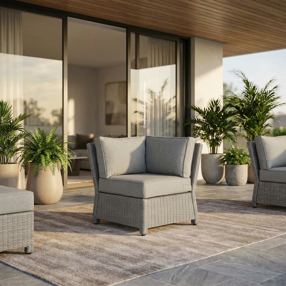 Gray Outdoor Wicker Corner Chair with Weatherproof Design. Picture 3