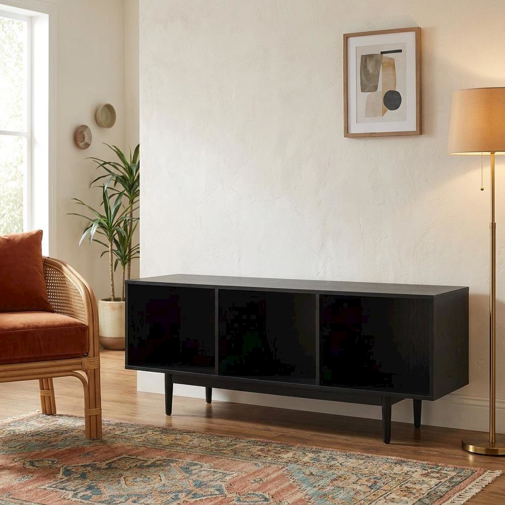 Black Wide Record Player Stand with Extended Vinyl Storage. Picture 2