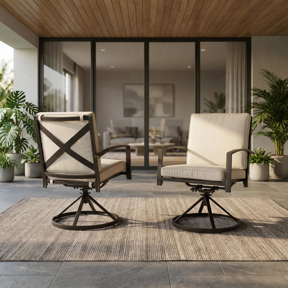 Outdoor Dining Swivel Chair Set in Oatmeal and Oil Rubbed Bronze. Picture 3