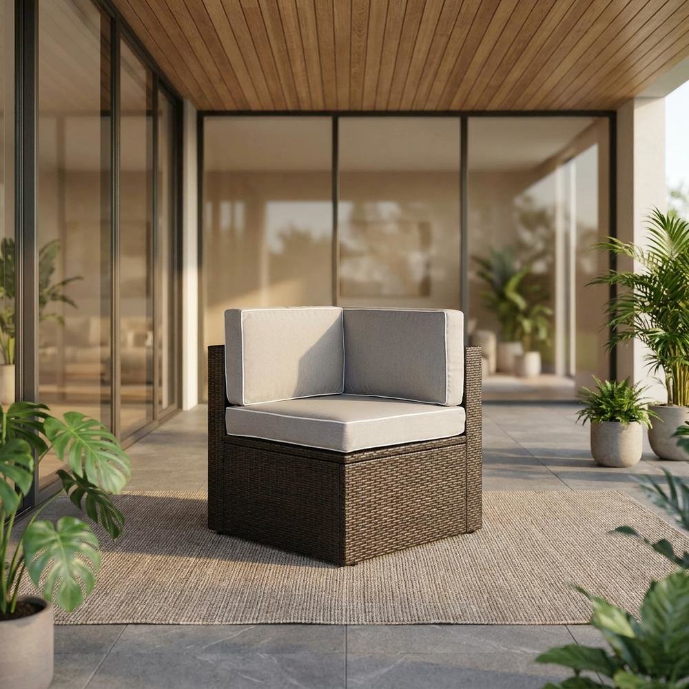 Gray Wicker Corner Chair for Outdoor Living with Durable Frame. Picture 2