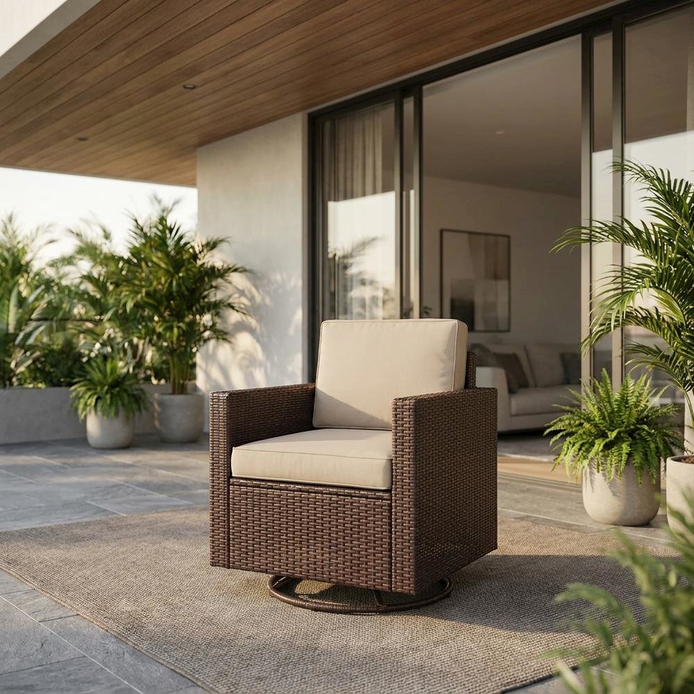 Sand/Brown Wicker Outdoor Swivel Rocker Chair with Cushions. Picture 3